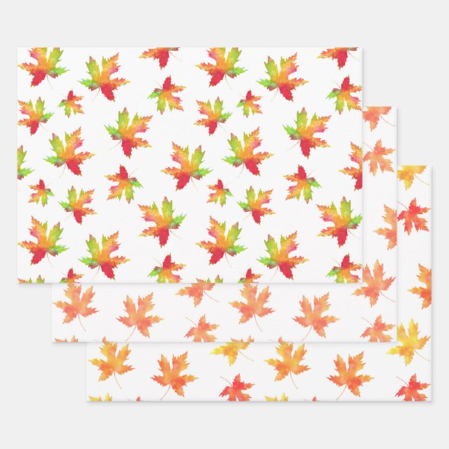  Watercolor Maple Leaf Patterns Wrapping 3 Paper Sheet (Set)