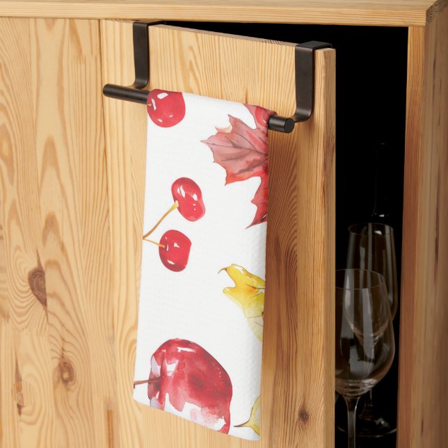 watercolor maple leaves, cherries,apples tea towel (Thirds Fold)