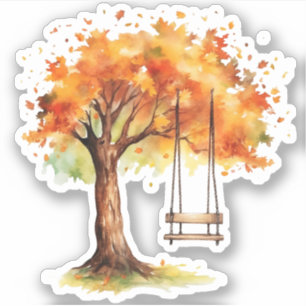 Watercolor Maple Tree and Swing Fall