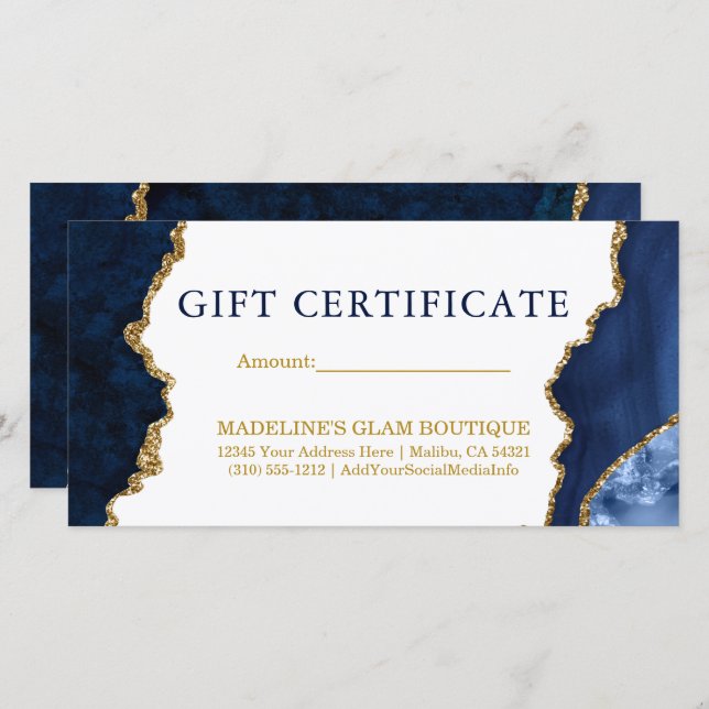 Watercolor Marble Blue Gold Gift Certificate (Front/Back)