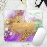 Watercolor marble gold purple pink green glam chic mouse pad<br><div class="desc">A sparkly, faux gold foil band with your script typography name overlays a rich, gold veined, purple, aqua blue green, and white watercolor background on this elegant, trendy, girly, custom name mousepad. Makes a chic and stylish statement every time you use it. A great gift for a friend, as well...</div>