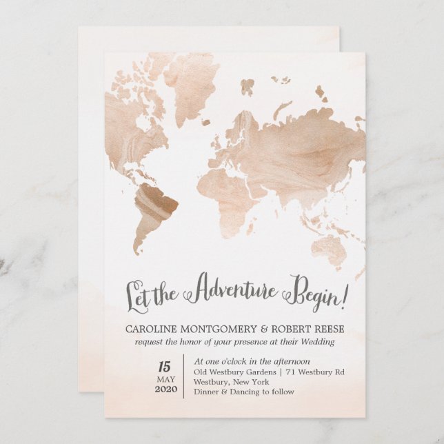 Watercolor Marble Map Travel Wedding Invitation (Front/Back)
