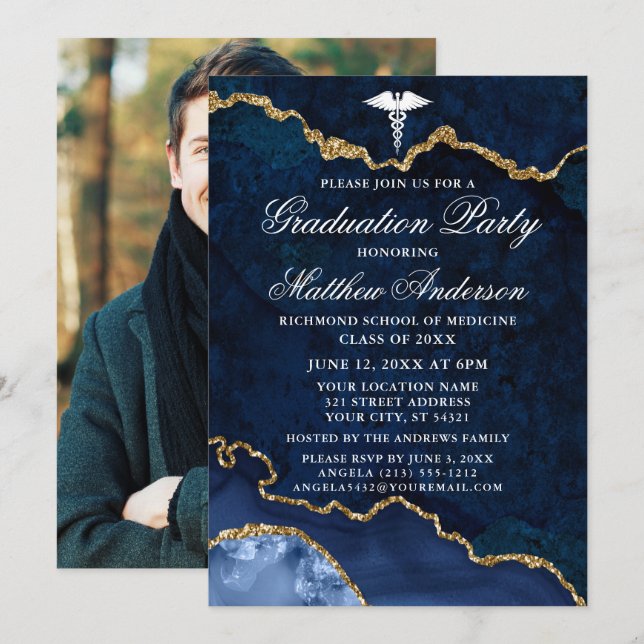 Watercolor Marble Photo Medical Graduate Party Invitation (Front/Back)