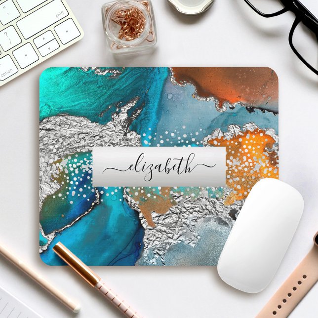 Watercolor marble silver turquoise orange name mouse pad (Creator Uploaded)