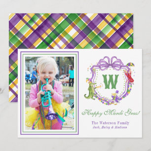 Watercolor Mardi Gras Animals Monogram Crest Photo Holiday Card