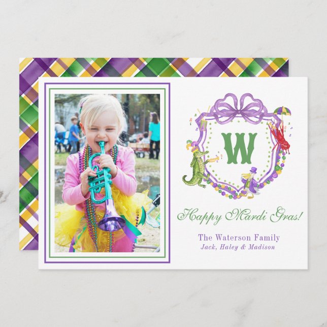 Watercolor Mardi Gras Animals Monogram Crest Photo Holiday Card (Front/Back)