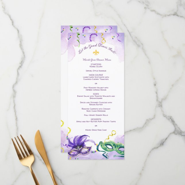 Watercolor Mardi Gras, Fat Tuesday Party Menu (Front/Back In Situ)