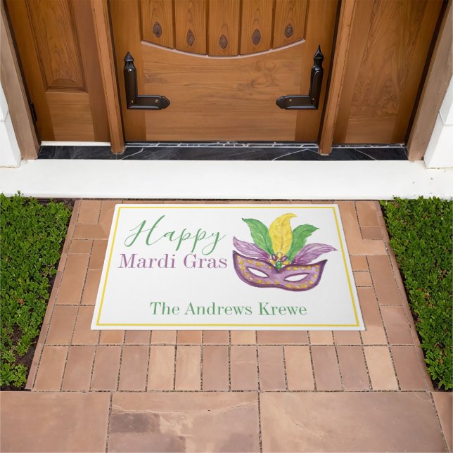 Watercolor Mardi Gras Mask Personalised Doormat (Outdoor)