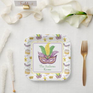 Watercolor Mardi Gras Mask Personalised Paper Plate