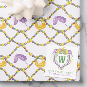 Watercolor Mardi Gras Monogram Crest Card