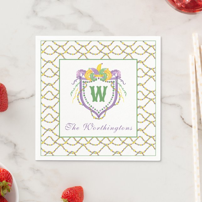 Watercolor Mardi Gras Monogram Crest Napkin (Creator Uploaded)