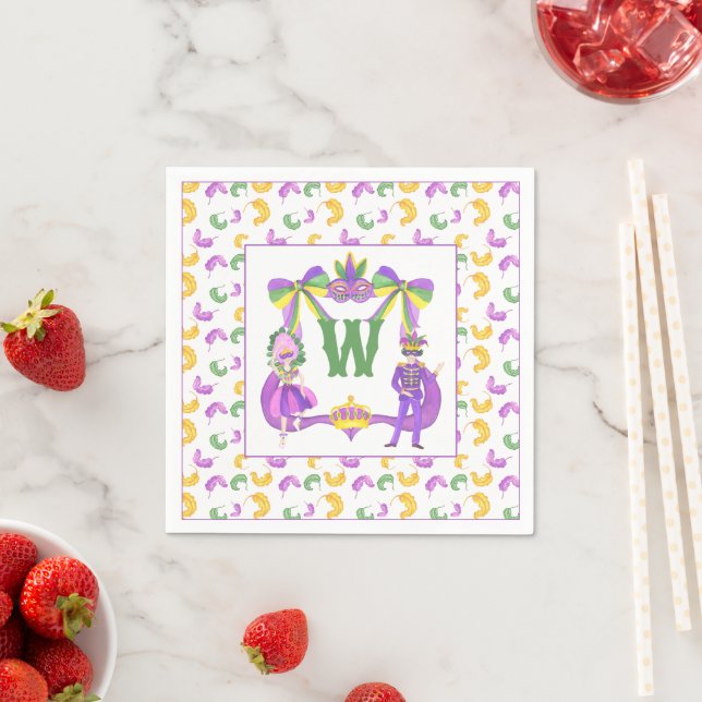 Watercolor Mardi Gras Monogram Crest Napkin (Insitu)