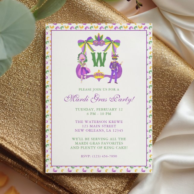 Watercolor Mardi Gras Monogram Crest Party Invitation (Creator Uploaded)