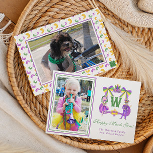 Watercolor Mardi Gras Monogram Crest Photo Holiday Card