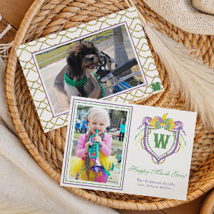 Watercolor Mardi Gras Monogram Crest Photo Holiday Card