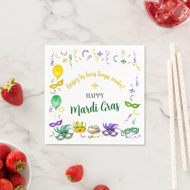 Watercolor Mardi Gras Objects Party Napkin (Insitu)
