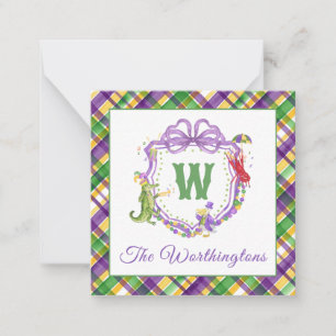 Watercolor Mardi Gras Plaid Animals Monogram Crest Card
