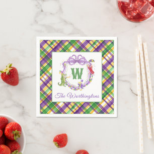 Watercolor Mardi Gras Plaid Animals Monogram Crest Napkin