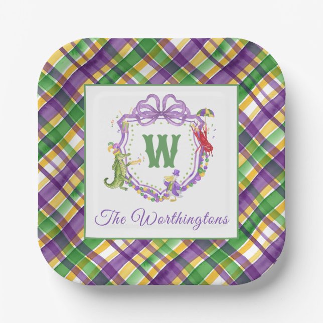 Watercolor Mardi Gras Plaid Animals Monogram Crest Paper Plate (Front)