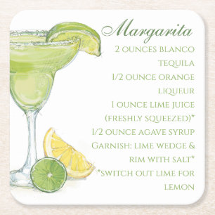 Watercolor Margarita Cocktail Recipe Square Paper Coaster