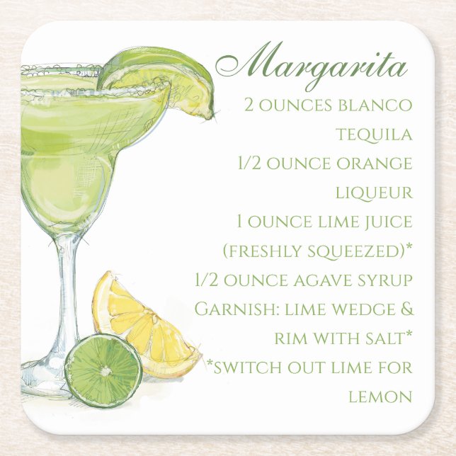 Watercolor Margarita Cocktail Recipe Watercolor Square Paper Coaster (Front)