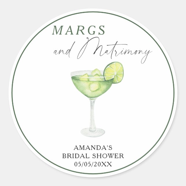Watercolor Margs and Matrimony Bridal shower  Classic Round Sticker (Front)