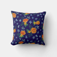 Watercolor Marigold Borage Flowers Navy Blue