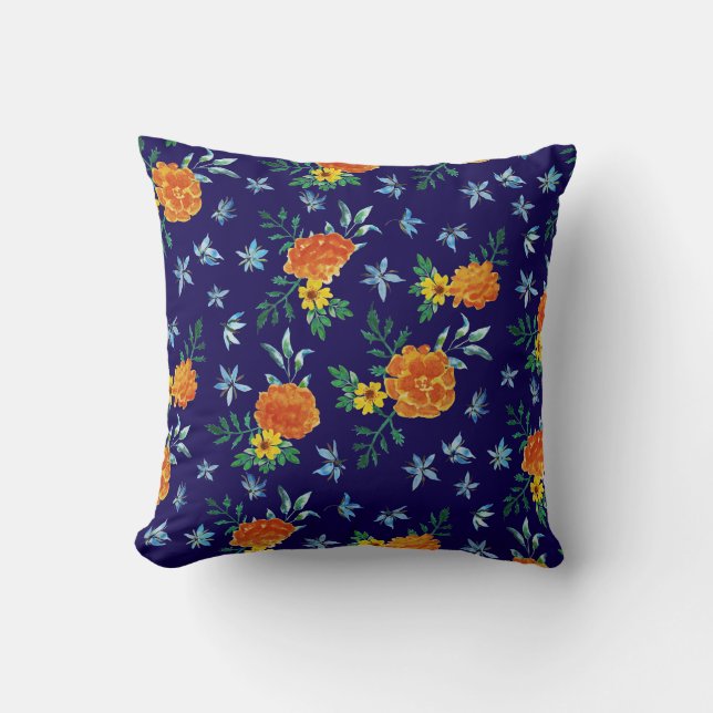 Watercolor Marigold Borage Flowers Navy Blue Cushion (Front)