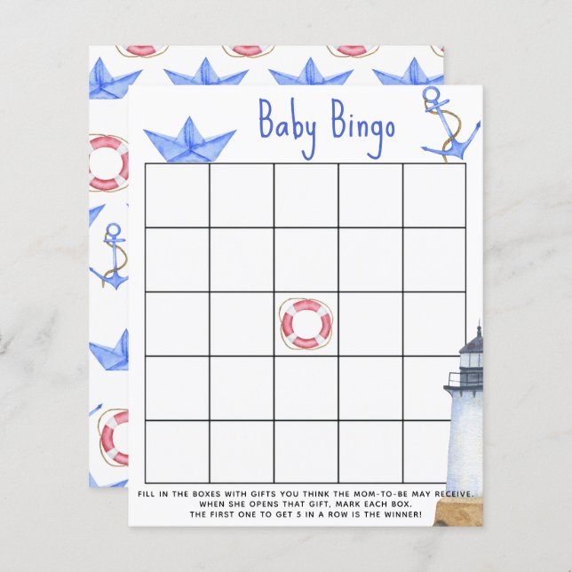 Watercolor marine - Baby shower bingo game (Front/Back)