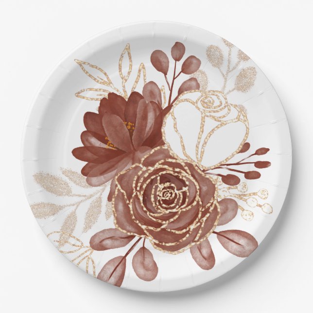 Watercolor Maroon Gold Floral  Paper Plate (Front)