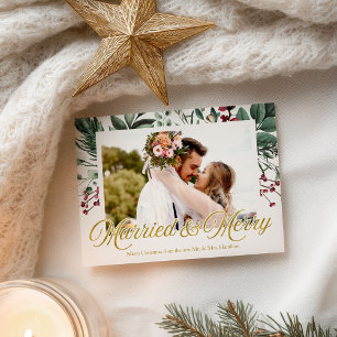 Watercolor Married And Merry Christmas Photo Postcard