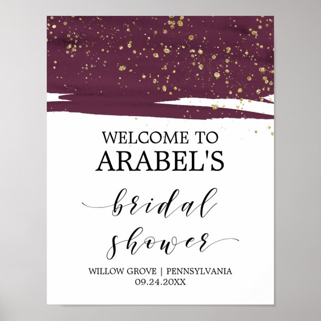 Watercolor Marsala and Gold Bridal Shower Welcome Poster (Front)