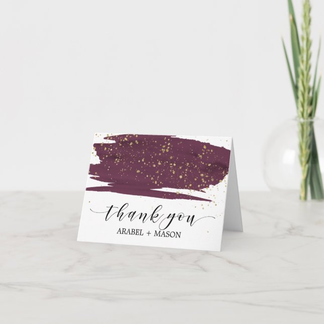 Watercolor Marsala and Gold Sparkle Thank You Card (Front)