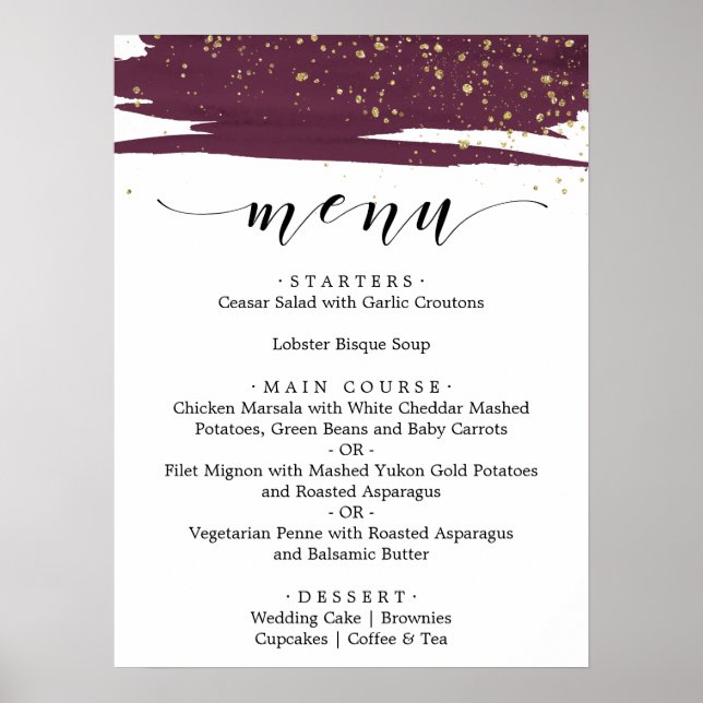 Watercolor Marsala and Gold Wedding Dinner Menu Poster (Front)