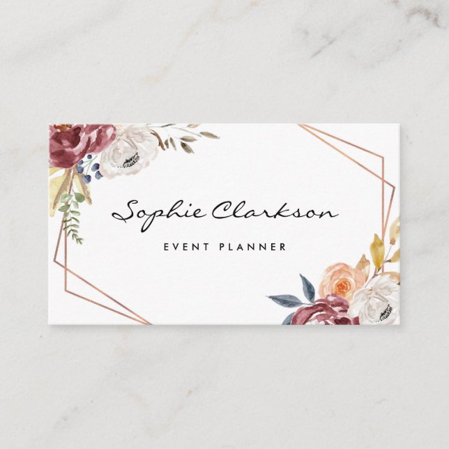 Watercolor Marsala Autumn Flowers Geometric II Business Card (Front)