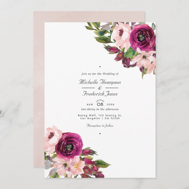 Watercolor Marsala & Blush Floral QR Code Wedding Invitation (Front/Back)
