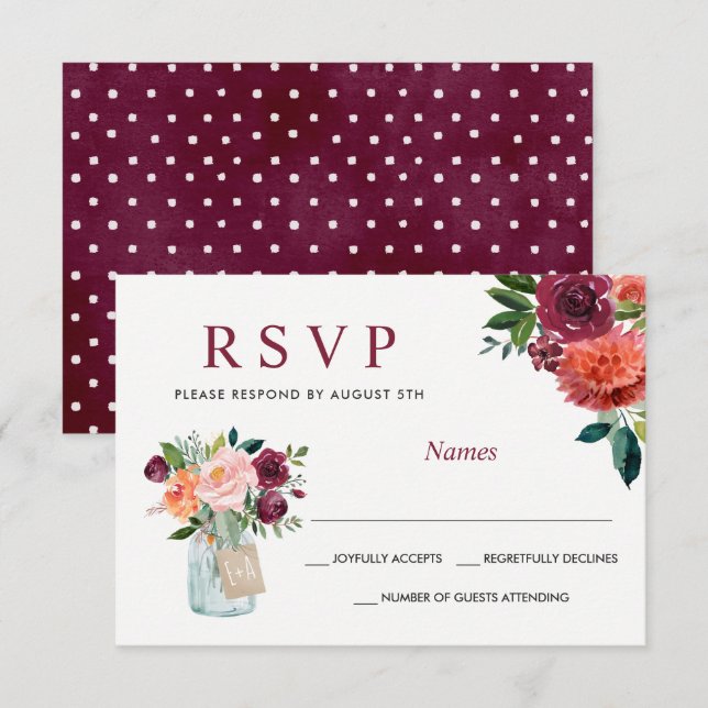 Watercolor Marsala Burgundy Mason Jar Floral RSVP Card (Front/Back)