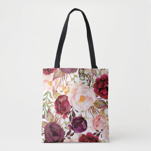 Watercolor Marsala Pink Blush Floral Tote Bag (Front)