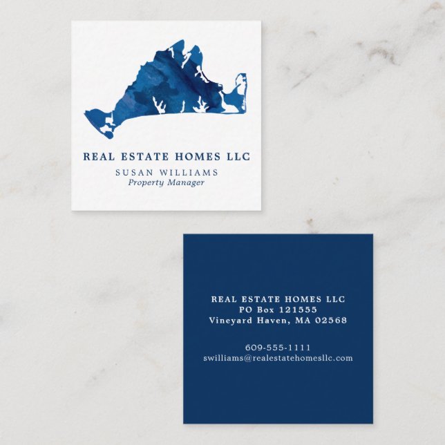 Watercolor Marthas Vineyard Map Real Estate Square Business Card (Front/Back)