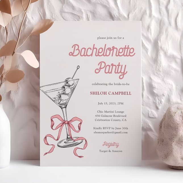 Watercolor Martini Pink Bow Bachelorette Invitation (Creator Uploaded)