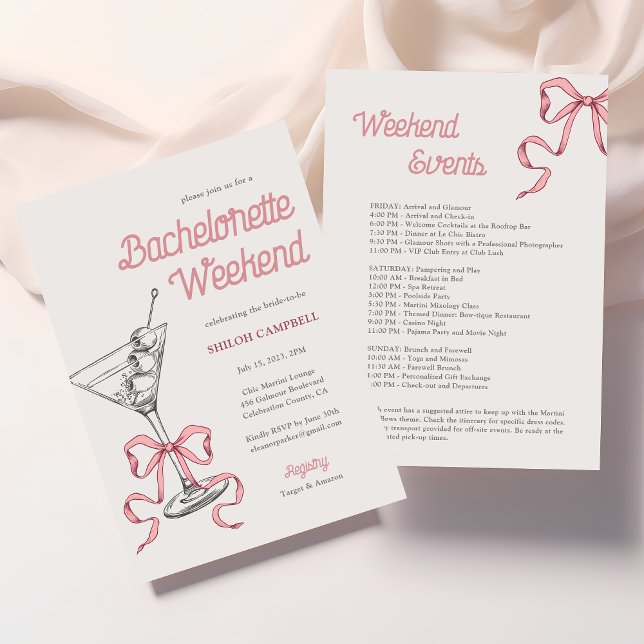 Watercolor Martini Pink Bow Bachelorette Weekend Invitation (Creator Uploaded)