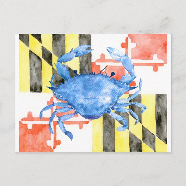 Watercolor maryland flag and blue crab postcard (Front)