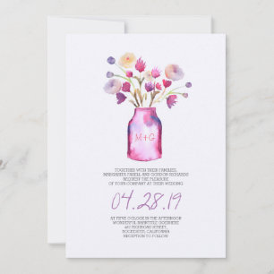 Watercolor mason jar and purple flowers wedding invitation