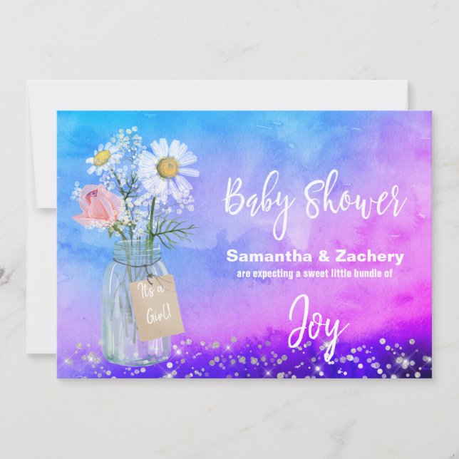 *~* Watercolor Mason Jar Floral Baby Shower Rustic Invitation (Front)