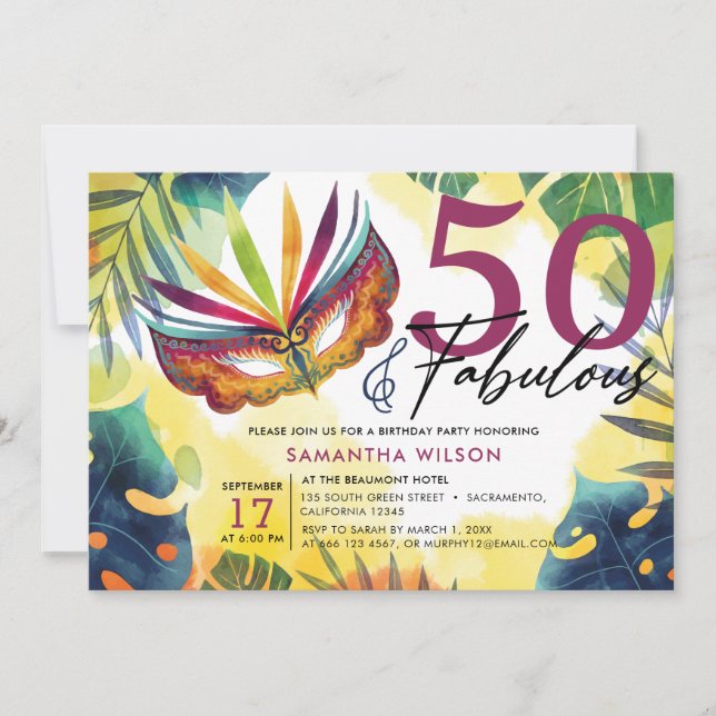 Watercolor Masquerade 50th Birthday Party Invitation (Front)