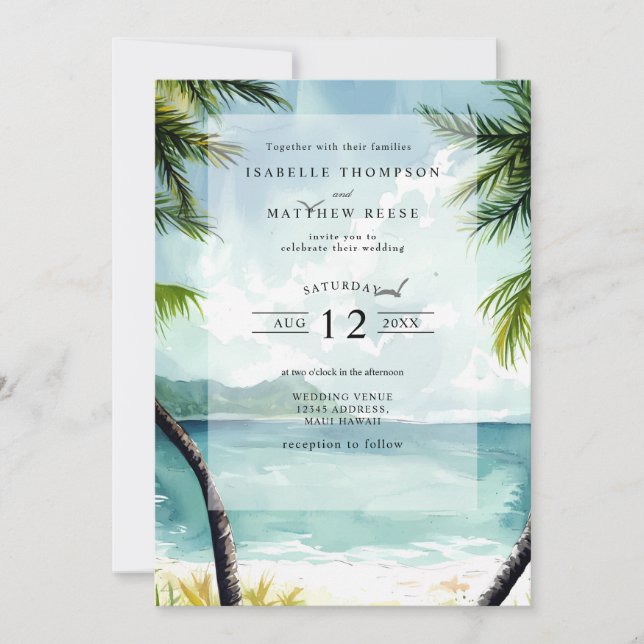 Watercolor Maui Hawaii Tropical Beach Wedding Invitation (Front)