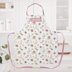 Watercolor Mauve and White Floral Pattern Monogram Apron