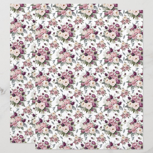 Watercolor Mauve Floral Scrapbook Paper (Front/Back)