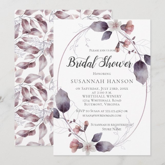 Watercolor Mauve Pink Flowers Leaves Bridal Shower Invitation (Front/Back)