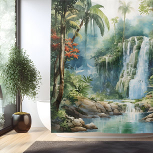 Watercolor Mayan Jungle Waterfall Shower Curtain